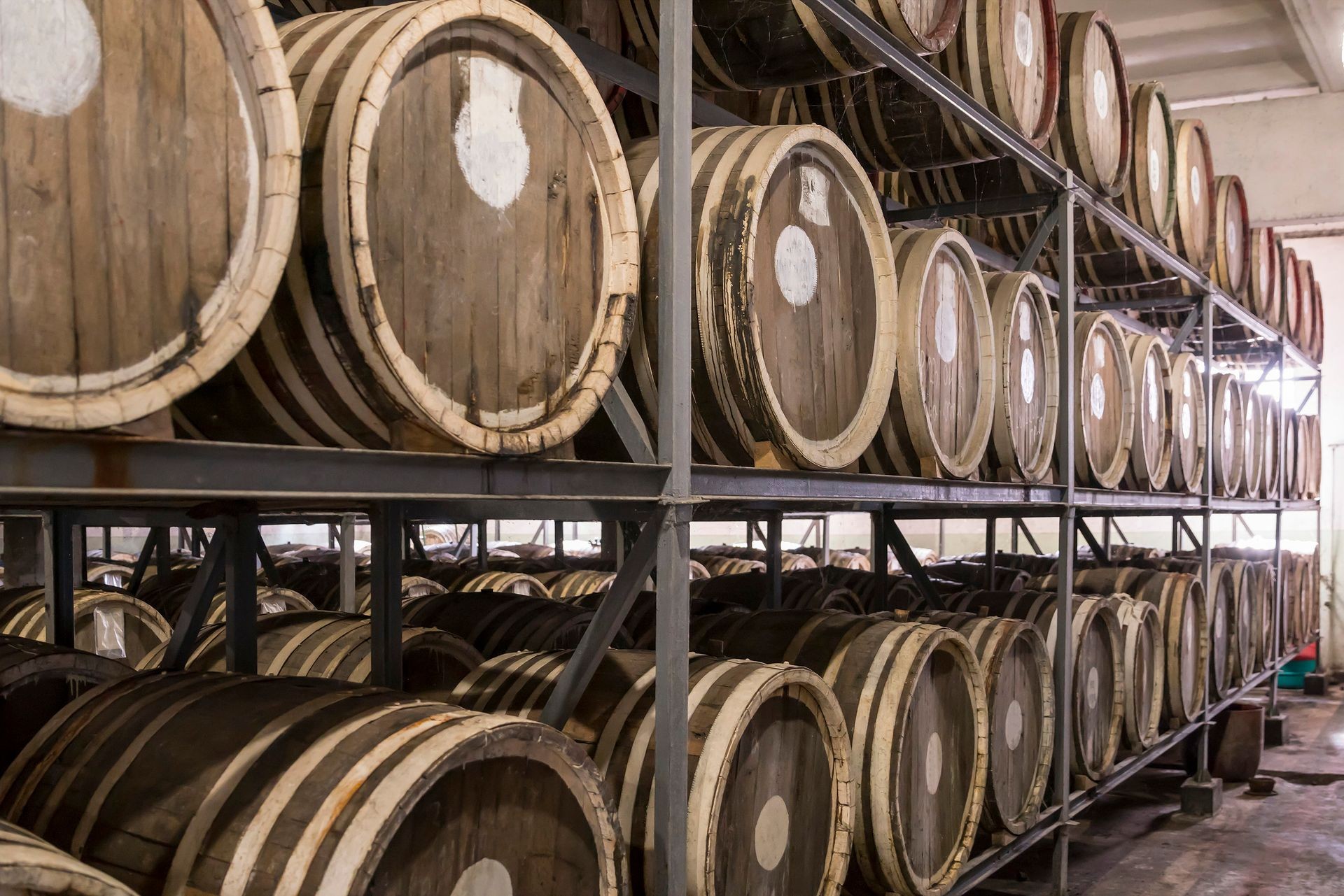 Scotch Whisky Barrel rows. Whiskey and brandy distillery. Oak barrel used to age whiskey.